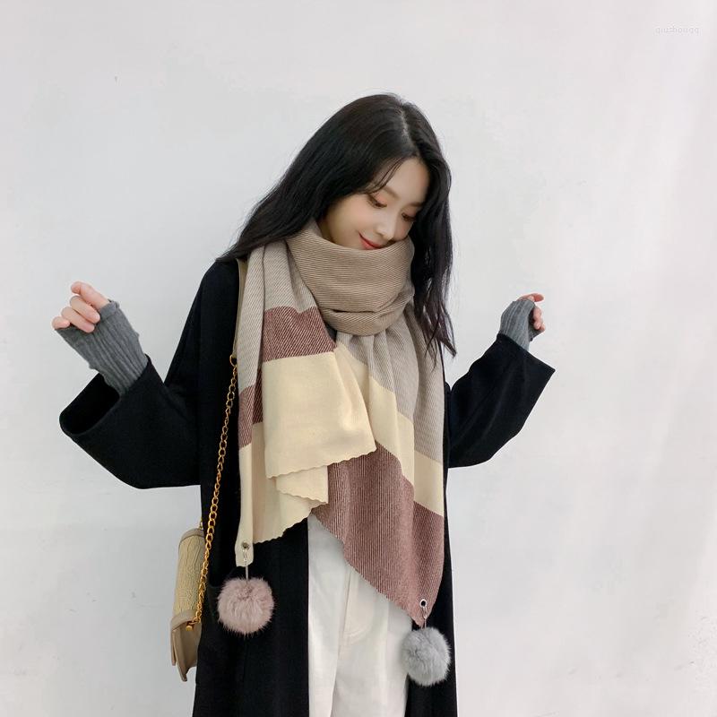 

Scarves Arrival Fashion Comfortable Hair Ball Scarf Autumn Winter High Quality Elegant Vintage Thick Warm Striped Long Knit