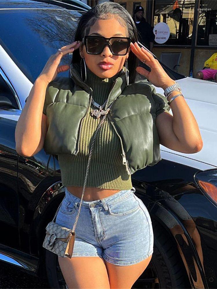 

Women' Trench Coats Solid Color PU Leather Cardigan Sexy Cropped Vest Cotton Coat Woman 2023 Autumn/Winter Women' Puffer Jacket Women, Army green