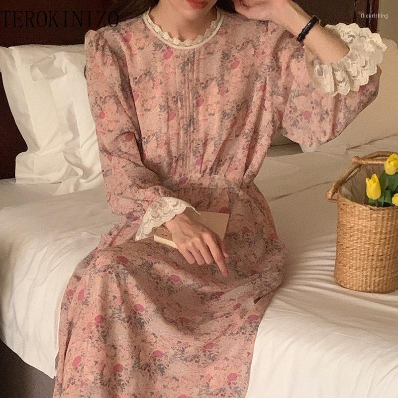 

Casual Dresses TEROKINIZO Ruffles Patchwork Vintage Dress Women Flower Printed Slim Waist Lace Up Gentle Vestidos Elegantes Para Mujer, Picture color