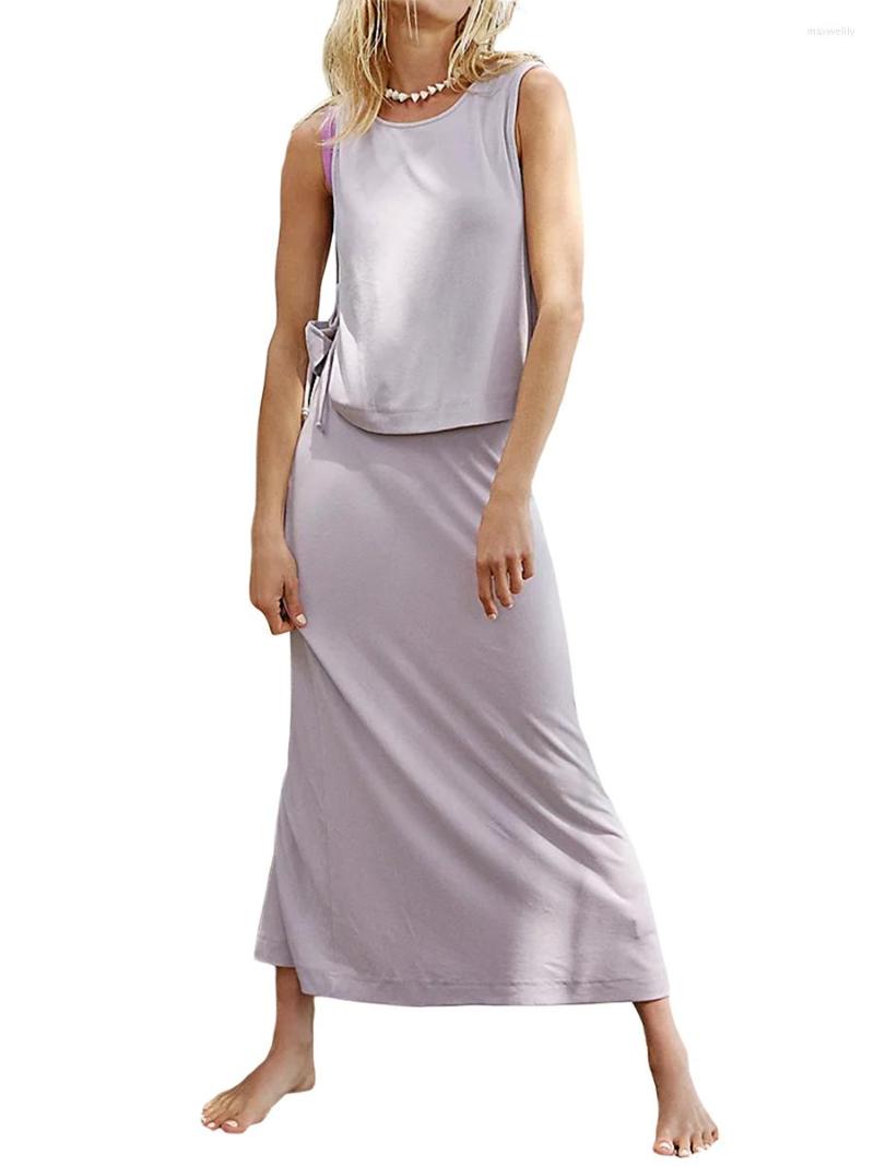 

Two Piece Dress Women Skirt Set Sleeveless Crew Neck Tie-up Vest With Low Waist Long Summer Outfit, Light purple