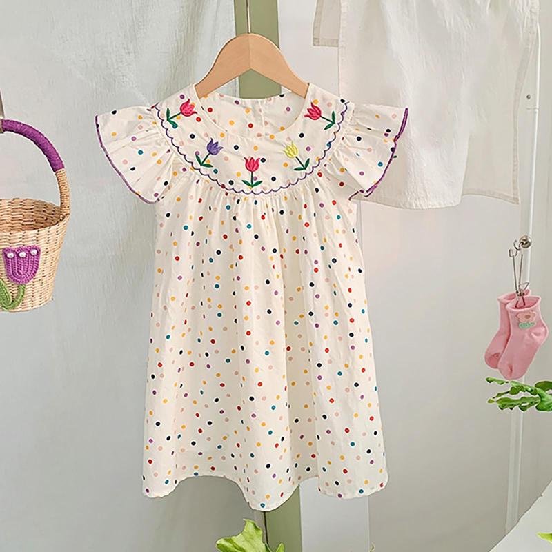 

Girl Dresses Girl's Colorful Wave Dot Print Flower Embroidery Summer Small Flying Sleeve Crew Neck A Swing Loose, Beige