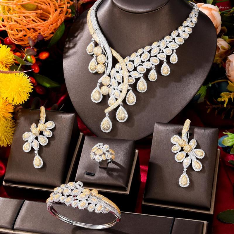 

Necklace Earrings Set Soramoore Cubic Zircon Nigerian Dubai Waterdrops 4 PCS Earring Bangle Ring 4PCS Bridal, Picture shown