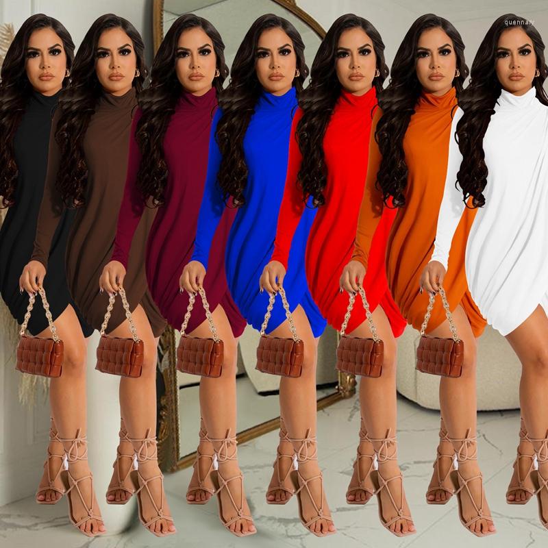 

Casual Dresses Women Ruched Asymmetrical Mini Dress Long Sleeve Turtleneck Skinny Sexy Nightclub Party Midi Outfits, Red