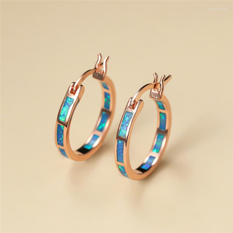 

Hoop Earrings Dainty Female Blue Opal Jewelry Classic Rose Gold Color Wedding For Women Vintage Bride Round Big