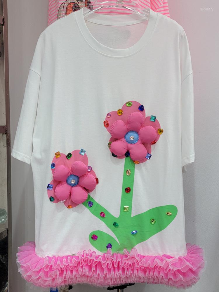 

Women's T Shirts Women Colorful Diamond 3D Flower T-shirt Short Sleeve Mesh Spliced Contrast Fashion O-neck Tees Top 2023 Summer Tide Y465, Pink