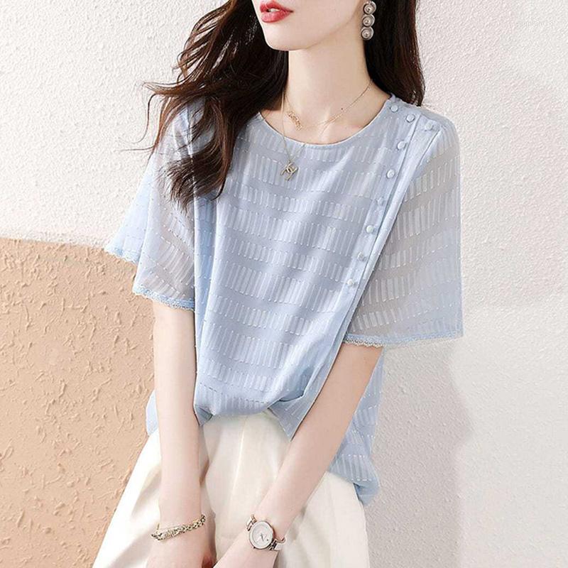 

Women's Blouses Elegant O-Neck Button Spliced Lace Asymmetrical Blouse Women's Clothing 2023 Summer Casual Pullovers Loose Office Lady, Blue