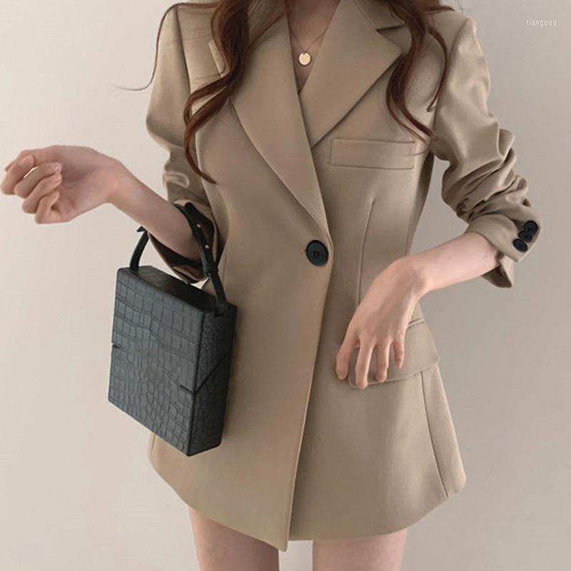 

Women' Suits Khaki Black Mid Length Chic Blazers Women Solid Colors Single Button Plus Size 2023 Spring Autumn Work Casual Blazer