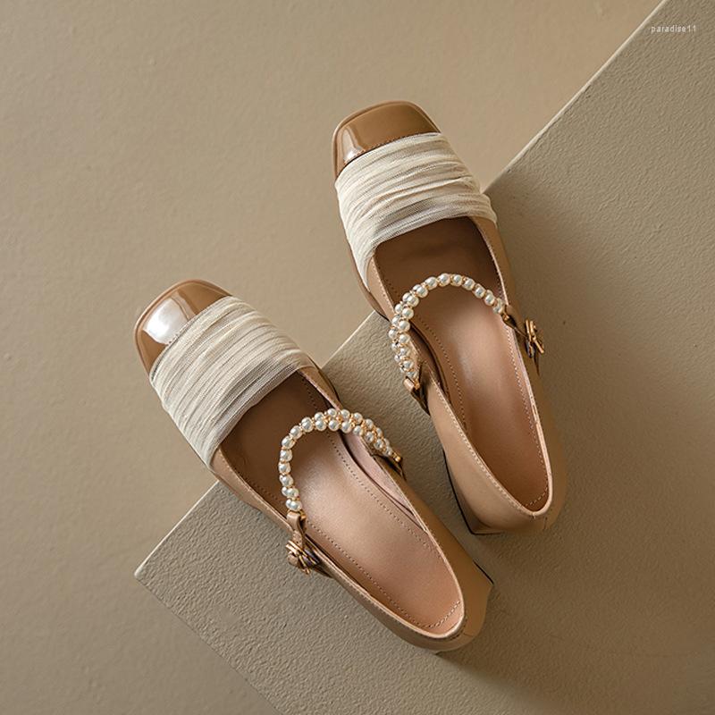 

Dress Shoes Fashion Women Korean Version Pearls Spring Autumn 2023 All-match Elegant Square Toe Casual Buckle Strap Pumps, Creamy-white