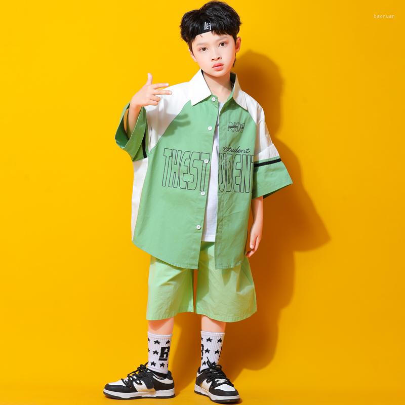 

Stage Wear 2023 Kids Hip Hop Dance Costumes Green Shirts Loose Shorts Suit Boys Streetwear Ballroom Rave Clothes DQS13046, T-shirt