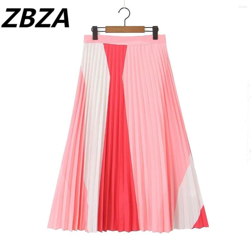 

Skirts ZBZA Women 2023 Chic Fashion Summer Pink Colour Hundred Crease Midi Skirt Vintage High Waist Side Zipper Female