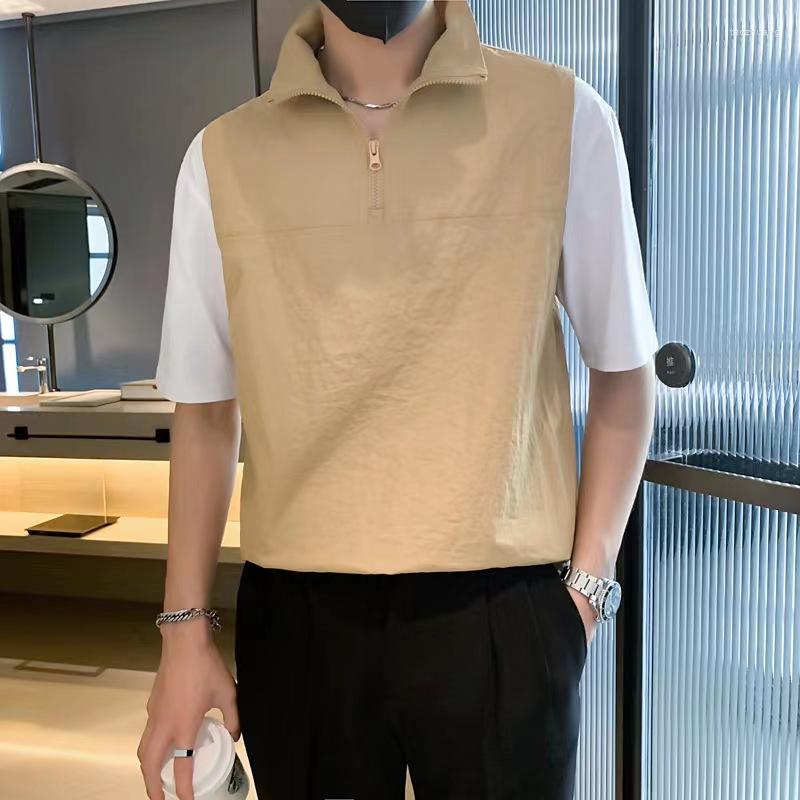 

Men's T Shirts Summer Zipper Lapel Fake Two Pieces T-shirt Men's Clothing Trend Short Sleeve Ice Fashion Patchwork Color Slim Tops, Beige