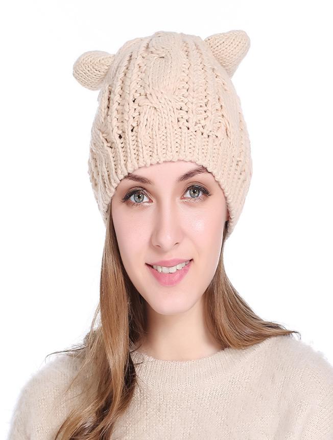 

Cute Cat Ear Winter Beanies for Women Casual Warm Soft Wool Blends Skull Knitted Caps Gorro Ladies Sweet Berets Ski Hat GH1385543962, Pink