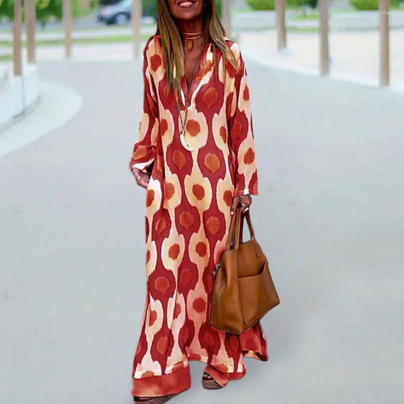 

Casual Dresses Beach Dress V Neck Women Maxi Soft Dress-up Chic Turn-down Collar Summer, Red