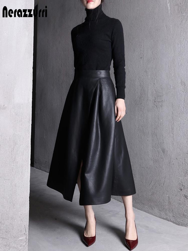 

Dresses Nerazzurri Autumn Korean Midi Leather Skirt Women Ladies Long Skirts for Women Spring Summer 2021 Women Korean Fashion, Black