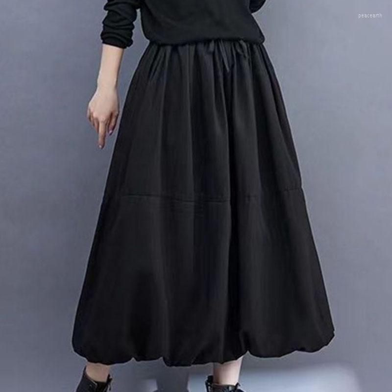 

Skirts Fashion Loose Appear Thin Puffy Skirt Woman Black High Waist Lace-up Pleated Women's Japan Style Street Mid-length