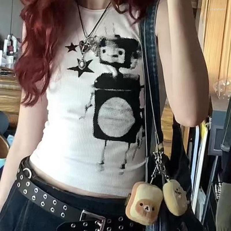 

Women' Tanks Y2K 2023 Vintage Grunge Aesthetic Gothic Punk Tank Women Sleeveless Rock Graphic Print Crop Tee Slim Fairy Summer Streetwear, White