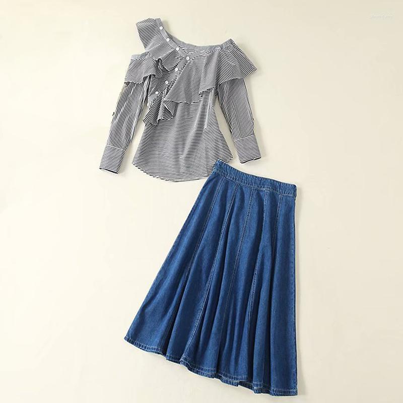 

Work Dresses HIGH QUALITY 2023 Summer Fashion Runway Designer Set Women' V-neck Ruffles Striped Blouses Shirt Denim Skirt, Picture shown