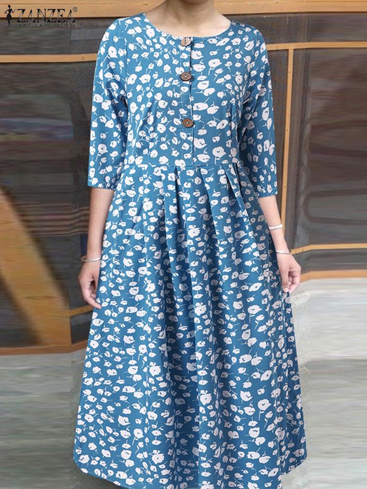 

Dresses Zanzea Casual Loose Midi Dress Women Leisure Round Neck Dress Fashion Floral Printing Robes Holiday 3/4 Sleeve Bohemian Vestido, Blue