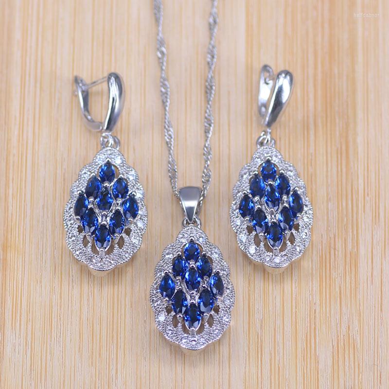 

Necklace Earrings Set Risenj Marquise Blue Stone Silver Color Bridal Jewelry Pendant For Women, Picture shown