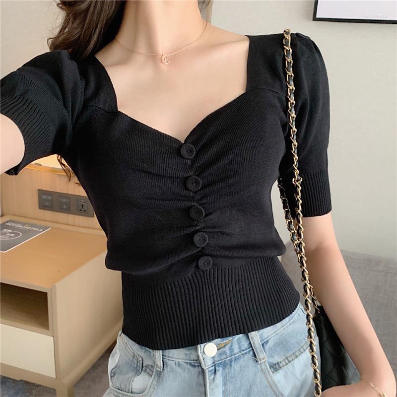 

Women's T Shirts Women Vintage Summer Chic Puff Sleeve Cropped Tops Ladies Sexy T-shirts V-Neck Single Breasted Slim Knitted Tshirt, Green