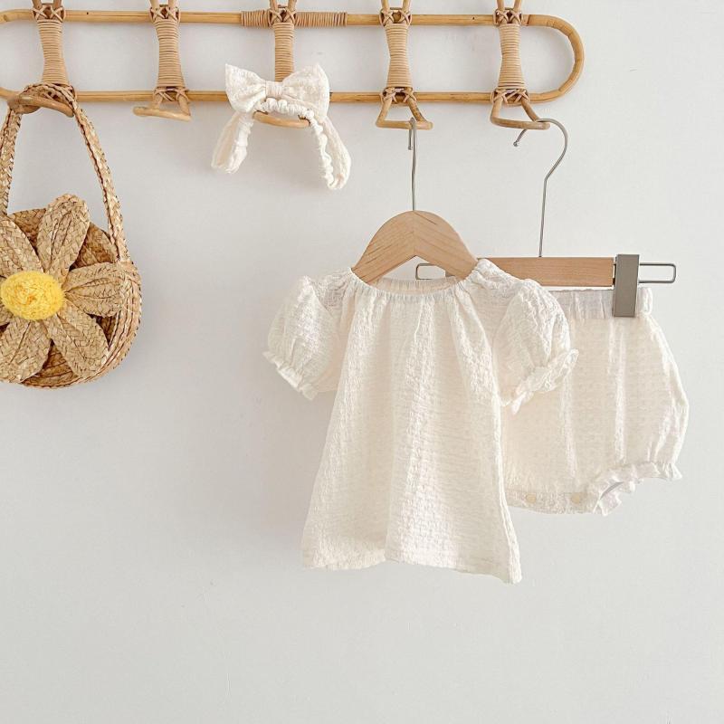 

Clothing Sets Born 3Pcs Baby Girl Casual Set Summer Short Puff Sleeve Tops Shorts Bow Headband, Picture shown