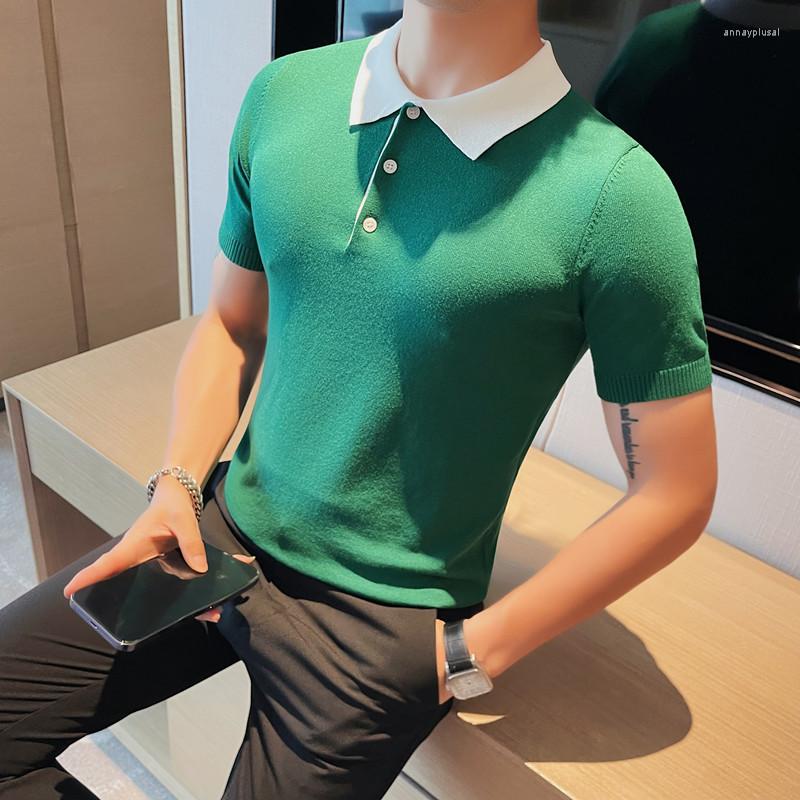 

Men's Polos 2023 Summer Contrast Stitching POLO Shirts Men Short Sleeve Casual T-shirts Slim Fit Lapel Business Social Tee Tops Clothing, Green