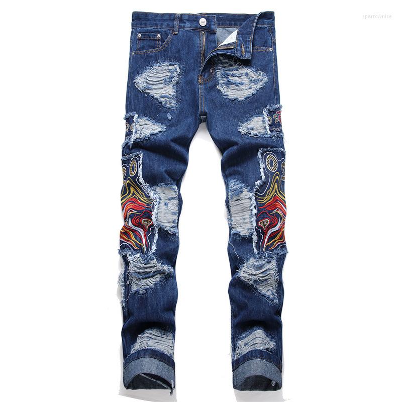 

Men's Jeans Punk Style Ripped Stick Cloth Embroidered Mid-Waist Straight Trousers Men's Casual Fashion Denim Motorcycle Pants, Blue