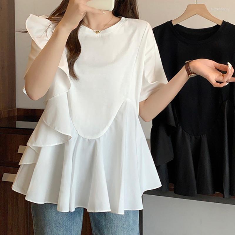 

Women's T Shirts Ruffles Women T-shirts Solid Summer Korean Fashion Short Sleeve Casual Loose Camisetas O Neck Vintage Blusas Mujer Top, White