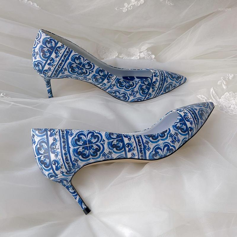 

Dress Shoes Classics Stiletto Pumps With Blue And White Porcelain Print Designer Flower Pattern Party Banquet Womens High Heel Summer, 6cm