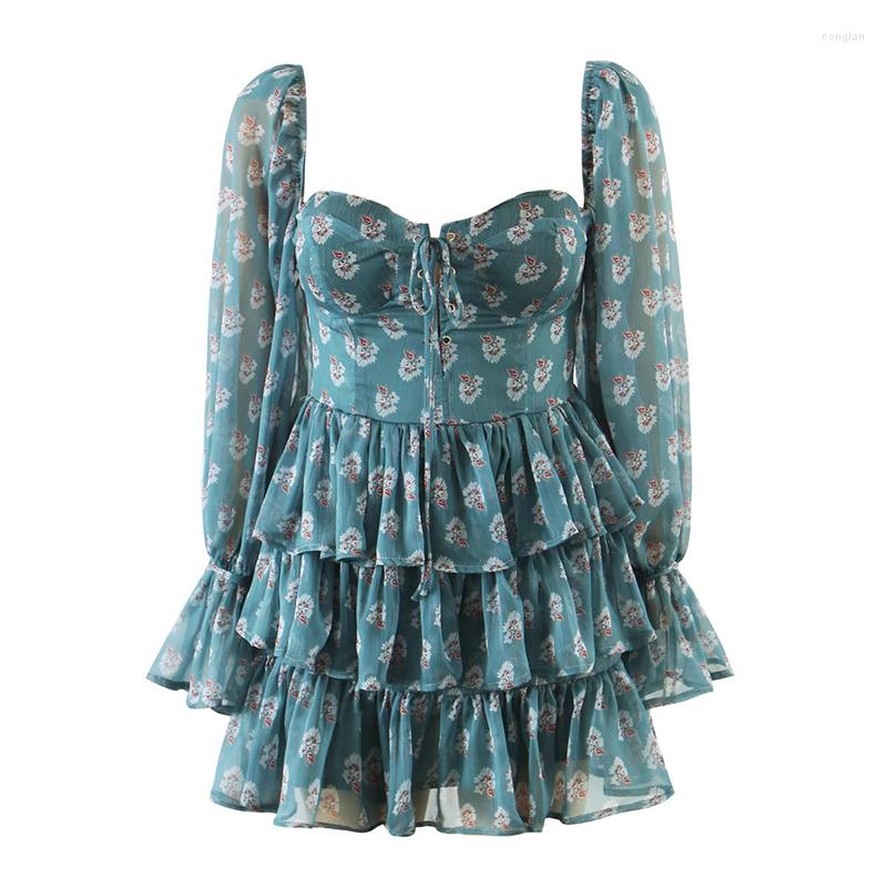 

Casual Dresses Summer 2023 Women Floral Print Ruffle Cake Chiffon Dress Sexy Collar Long Sleeve Holiday Vintage Ladies Super-Short Robe, Picture shown