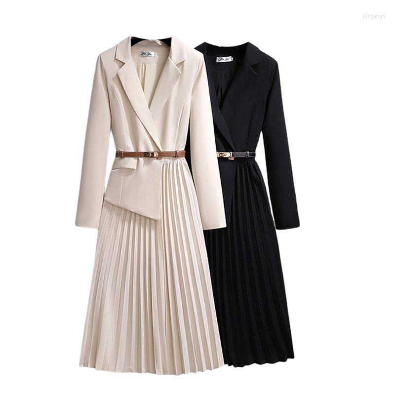 

Casual Dresses Long Suit Dress Women Autumn Spring Fashion Design Sense Office Work Pleated Female With Belt Fake Two Piece Vestido, Black