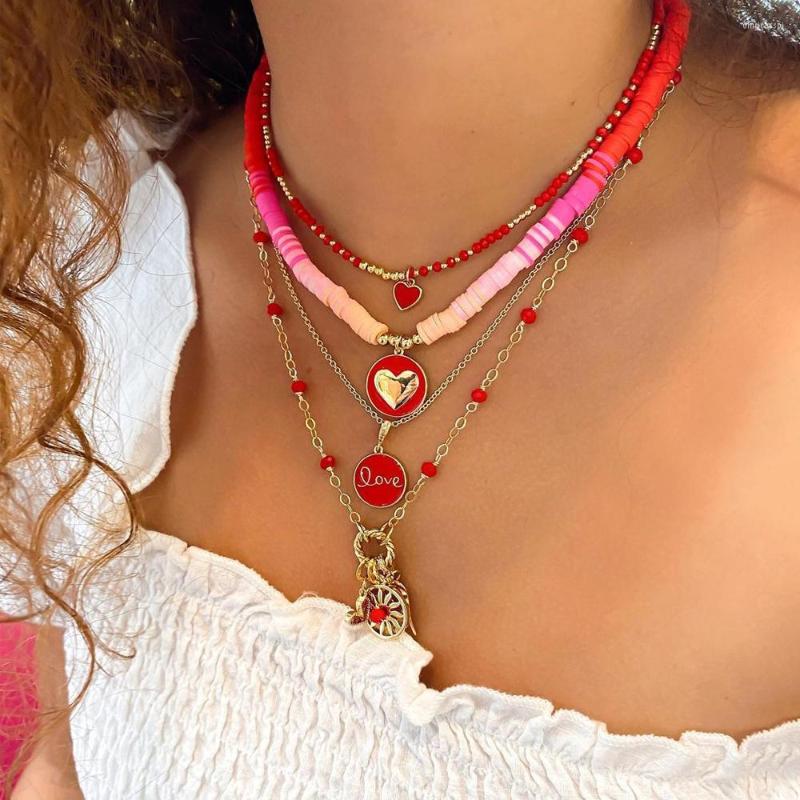 

Pendant Necklaces KKBEAD 2023 Heart Necklace Polymer Clay Heishi Beaded Gold Color Link Chain Jewelry For Women LOVE Jewellery