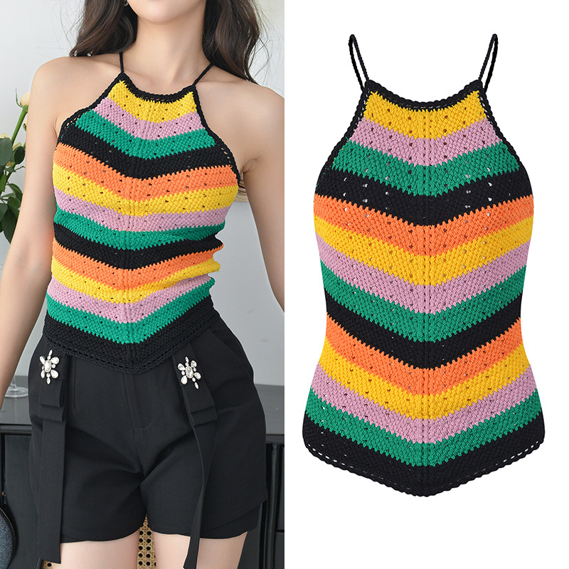 

601 L 2023 Summer Sweaters Women's Pullover Sweater Striped Crew Neck Sleeveless Brand Same Style Women's YL, Customize