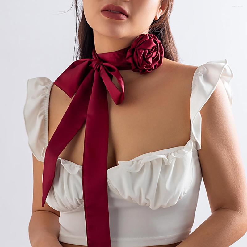 

Choker Wide Silk Cloth With Flower Necklace For Women Trendy Charms Long Scarf Decoration 2023 Fashion Jewelry On Neck Gift