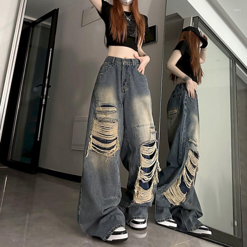

Men' Jeans Foufurieux Korean Streetwear Hippop Ripped Vintage High Waist Loose Straight Trouser Grunge Y2k Aesthetic Gothic Pants MEN, Blue