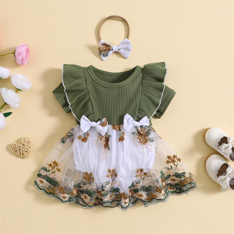 

Girl Dresses Listenwind 0-2Y Baby Romper Dress Flower Embroidery Knit Rib Ruffles Crew Neck Jumpsuits Summer Bodysuits With Bow Headband, Green