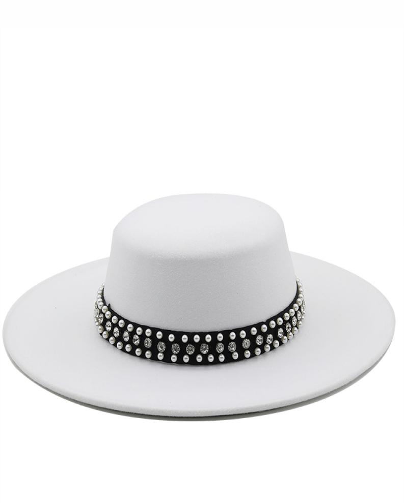 

Large Wide Brim Faux Wool Pork Pie Boater Flat Top Fedora Hat with Rivet Pearls Black White Party Panama Trilby Cowboy Cap5660404, Beige