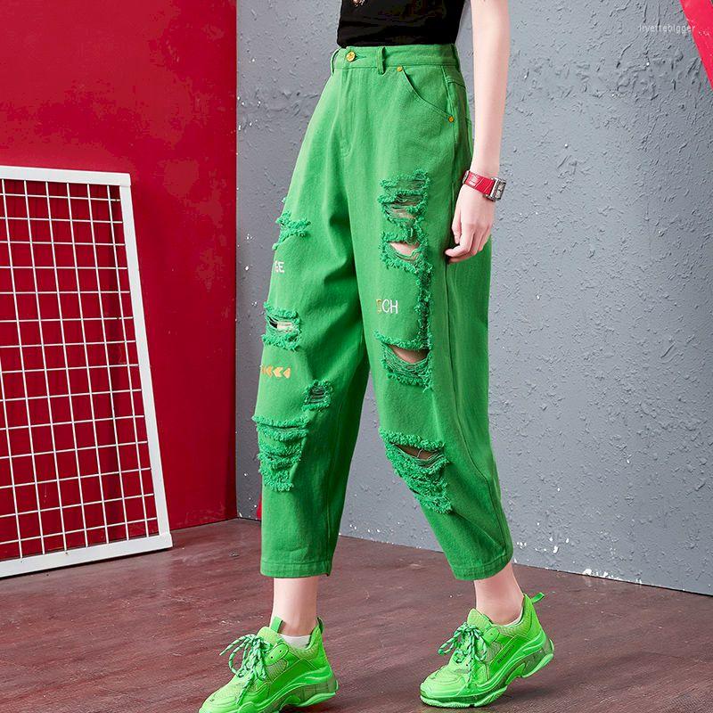 

Men's Jeans Foufurieux Summer European Style Women Hole Design Embroidery Pants Button Waist Cotton Denim Loose Harem Harajuku, Pink