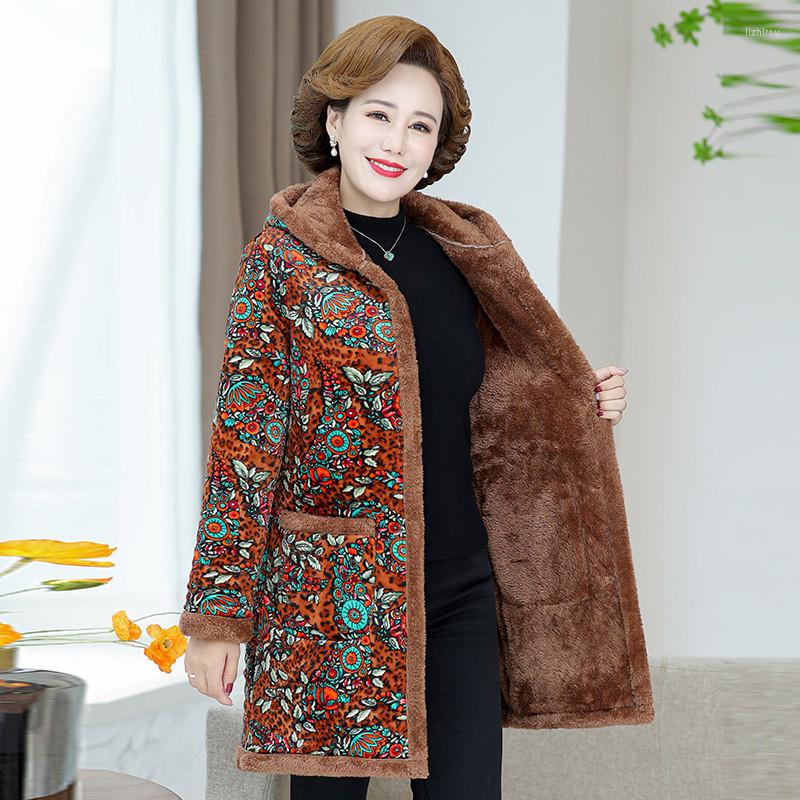 

Women's Trench Coats High Quality Middle Aged Women Winter Golden Velvet Soft Printing Parkas Thicked Warm Jacket Padded Coat Long Overcoat
