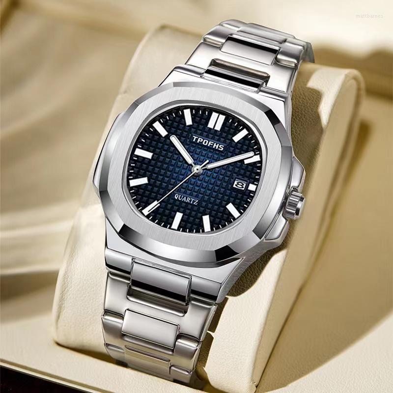 

Wristwatches 2023 Design Luxury Watch Business Waterproof Male Clock Luminous Date Stainless Steel Square Quartz Men Reloj Hombre, Silver blue