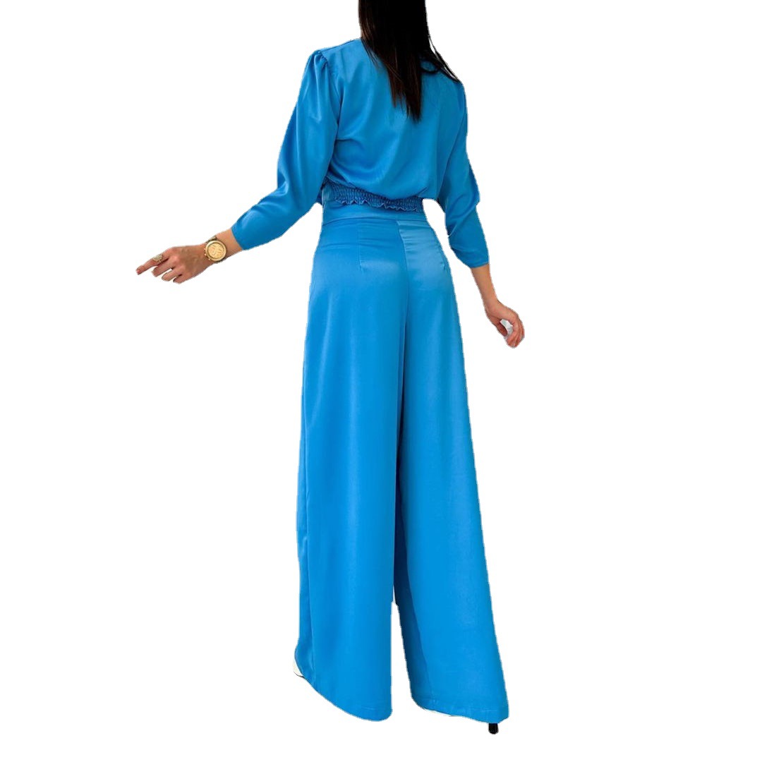 

2023 new European and American cross -border women's fashion temperament elegant, elegant commute shirt high -waist wide -leg pants suit, Green