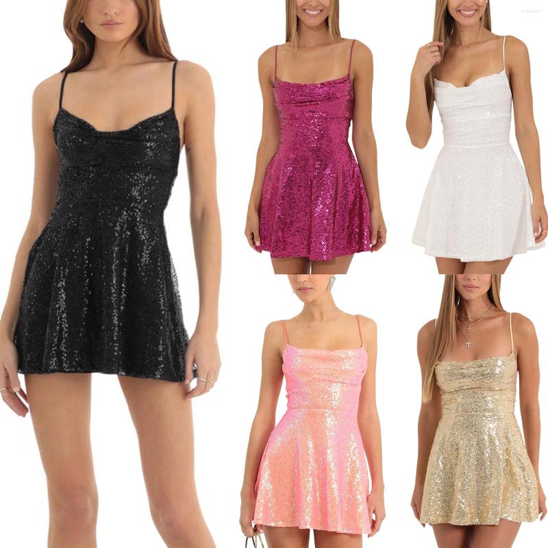 

Casual Dresses Women' Sparkling Sequin Dress Summer Fashion Simple Backless A-Line Mini Party For Cocktail Beach Streetwear, Pink