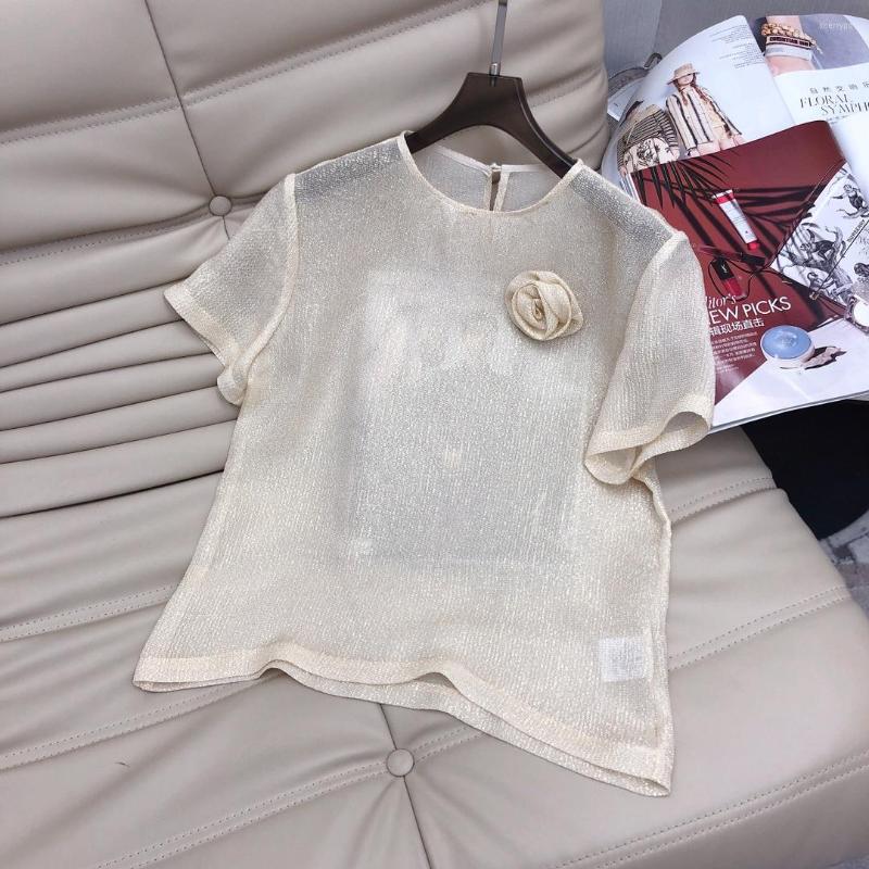 

Women' T Shirts 2023 Womens Fashion Short Sleeve Casual Bright Silk Crew Neck Flower Top 0407