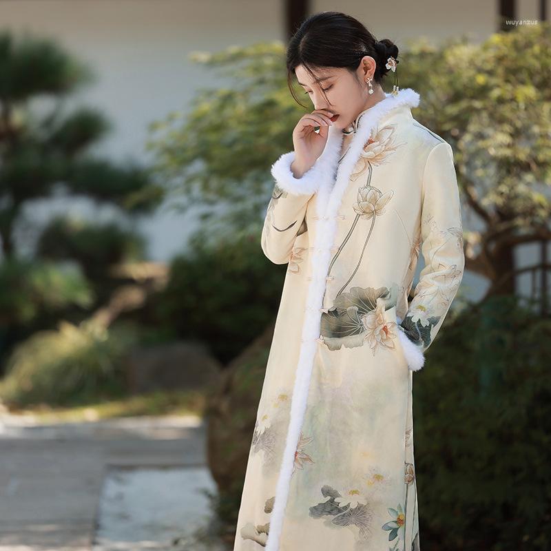 

Ethnic Clothing 2023 Winter Thick Chinese Style Modern Long Coat Women Outerwear Loose Improve Tang Suit China Vintage Windbreaker Jacket