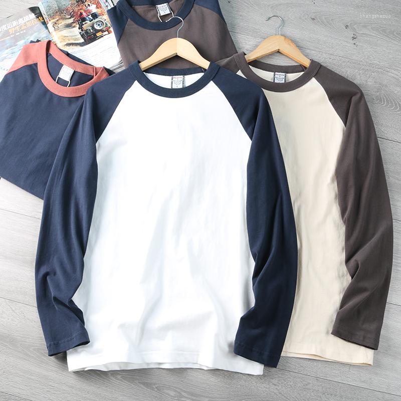 

Men's T Shirts Autumn American Retro Long Sleeve O-neck Contrast Splicing T-shirt Men's Fashion Cotton Washed Old Casual Sport Tops, Beige and iron gray