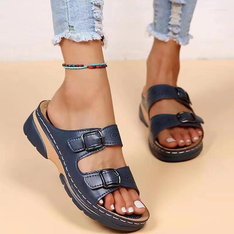 

Slippers Women Summer Sandals Fashion Thick Bottom Belt Buckle Round Toe Open Casual Size 35-43, Dark blue