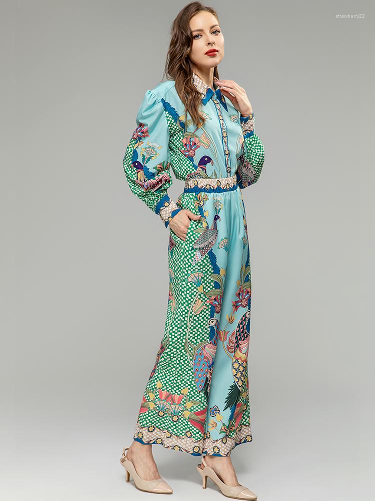 

Women' Two Piece Pants MoaaYina Fashion Designer Summer Women' Turn-down Collar Lantern Long Sleeve Animal Printing Shirt Wide Leg 2, Royal blue