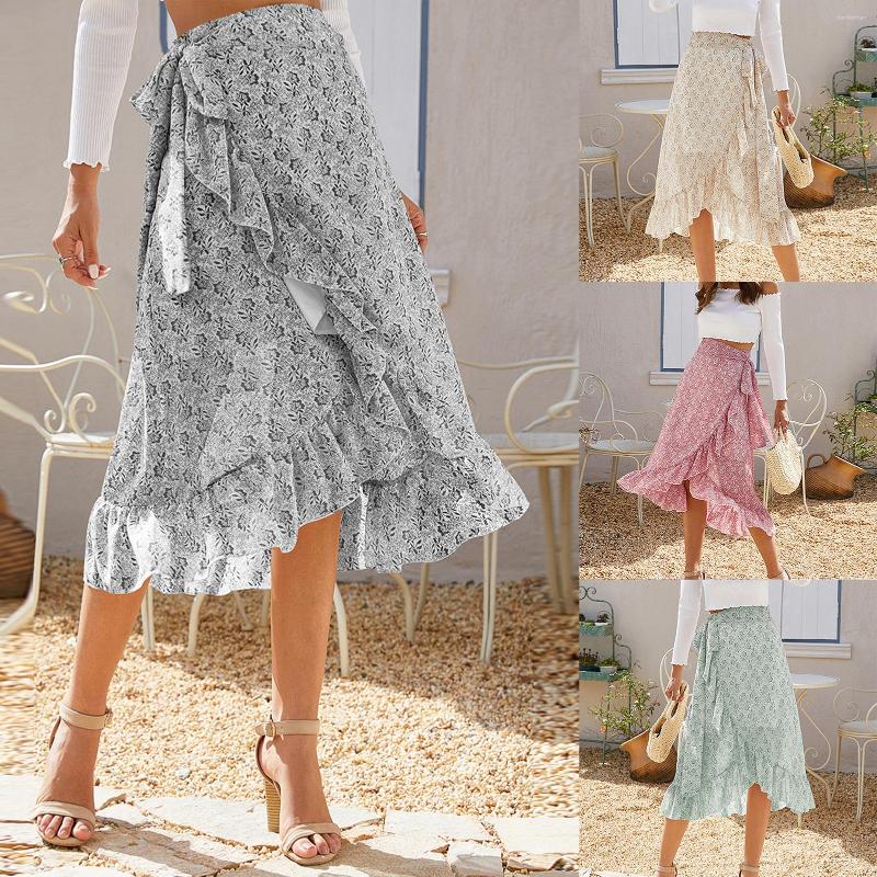 

Skirts Women's Summer Skirt Floral Print Bohemian Irregular Split Midi Chiffon Vintage Female High Waist Y2k, Green