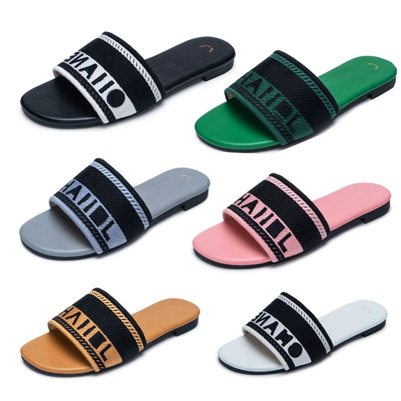 

Embroidered Fabric Slide Slippers Pairs Designer Slides Women Summer Beach Walk Sandals Fashion Low Heel Flat Slipper Luxury Shoes For Ladies, White