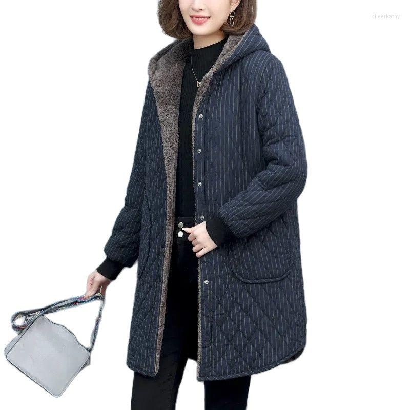 

Women's Trench Coats Overcoat Parka Retro Stripe Add Velvet Padded Cotton Coat Women Loose Casual Long High-Quality Warm Hooded Ladies, Black